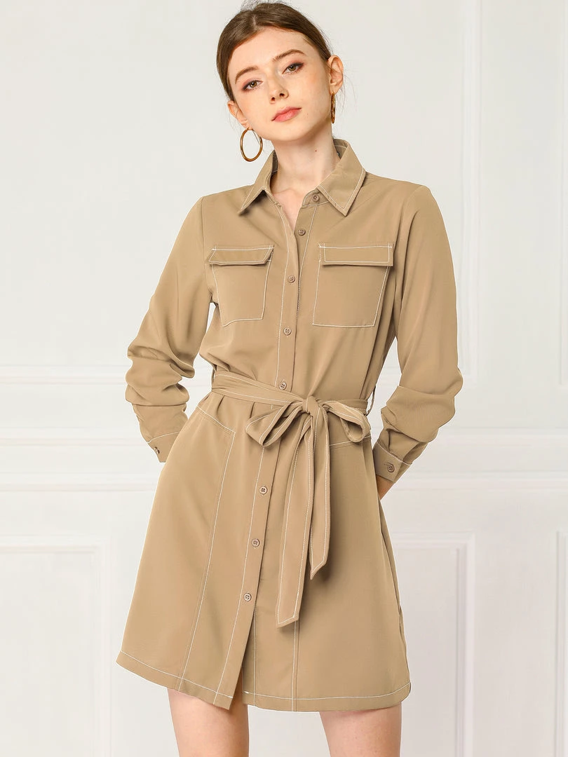 Allegra K Contrast Stitch Button Up Belted Long Sleeves Shirt Dress 24 Allegra K Contrast Stitch Button Up Belted Long Sleeves Shirt Dress