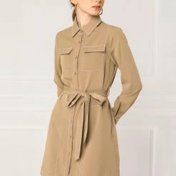 Allegra K Contrast Stitch Button Up Belted Long Sleeves Shirt Dress 49 Allegra K Contrast Stitch Button Up Belted Long Sleeves Shirt Dress