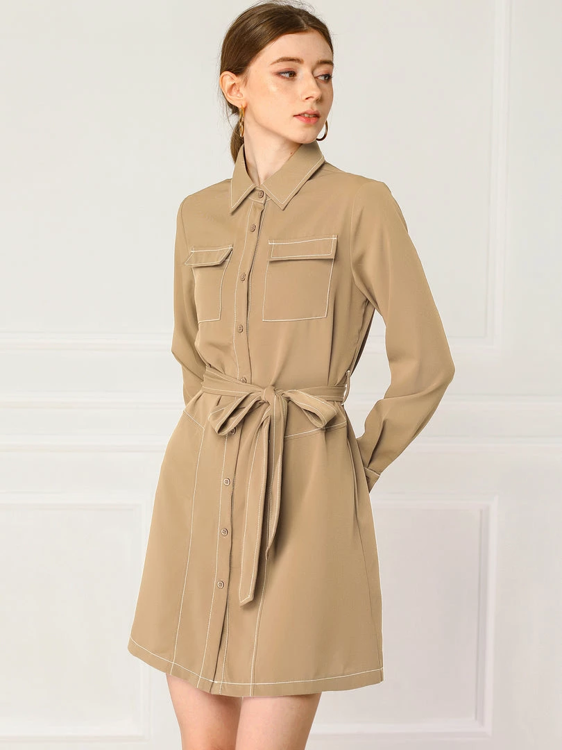 Allegra K Contrast Stitch Button Up Belted Long Sleeves Shirt Dress 25 Allegra K Contrast Stitch Button Up Belted Long Sleeves Shirt Dress
