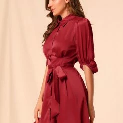 Allegra K Women's Elegant Satin Dresses A-Line Pleated Waist Puff Sleeve Belted Shirt Dress