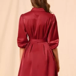Allegra K Women's Elegant Satin Dresses A-Line Pleated Waist Puff Sleeve Belted Shirt Dress