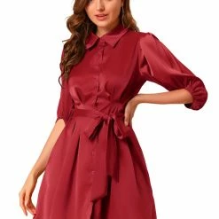 Allegra K Women's Elegant Satin Dresses A-Line Pleated Waist Puff Sleeve Belted Shirt Dress