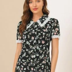Allegra K Women's Peter Pan Collar Lace Embroidered Casual Floral Shirt Blouse 57 Allegra K Women's Peter Pan Collar Lace Embroidered Casual Floral Shirt Blouse