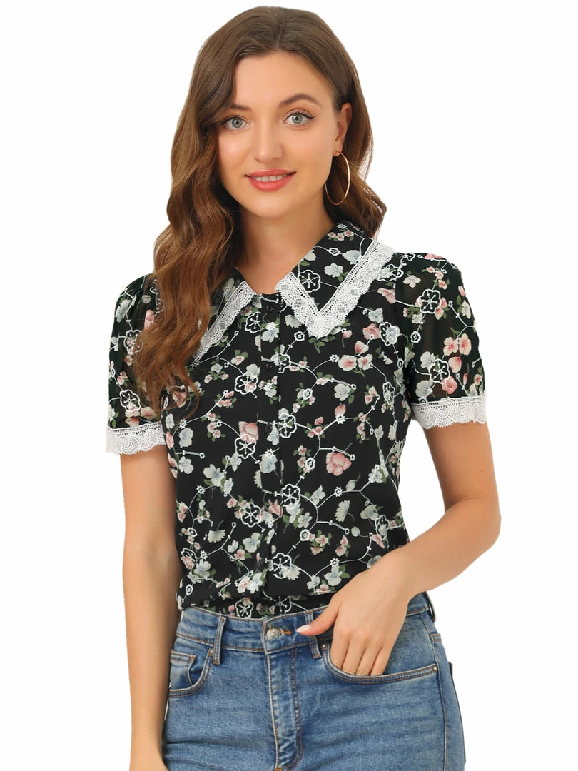 Allegra K Women's Peter Pan Collar Lace Embroidered Casual Floral Shirt Blouse 27 Allegra K Women's Peter Pan Collar Lace Embroidered Casual Floral Shirt Blouse