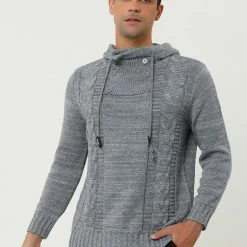 Allegra K Men's Winter Knitted Hoodie Drawstring Long Sleeve Pullover Turtleneck Sweaters