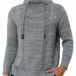 Allegra K Men's Winter Knitted Hoodie Drawstring Long Sleeve Pullover Turtleneck Sweaters