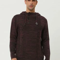 Allegra K Men's Winter Knitted Hoodie Drawstring Long Sleeve Pullover Turtleneck Sweaters