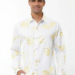 Allegra K Men's Gold Rose Floral Printed Shirts Slim Fit Long Sleeve Prom Party Shirt