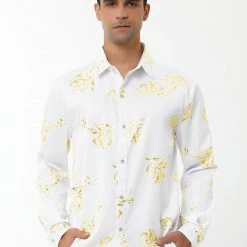 Allegra K Men's Gold Rose Floral Printed Shirts Slim Fit Long Sleeve Prom Party Shirt