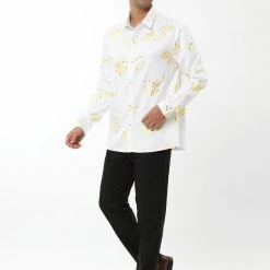 Allegra K Men's Gold Rose Floral Printed Shirts Slim Fit Long Sleeve Prom Party Shirt