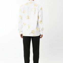 Allegra K Men's Gold Rose Floral Printed Shirts Slim Fit Long Sleeve Prom Party Shirt