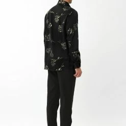 Allegra K Men's Gold Rose Floral Printed Shirts Slim Fit Long Sleeve Prom Party Shirt