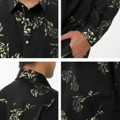 Allegra K Men's Gold Rose Floral Printed Shirts Slim Fit Long Sleeve Prom Party Shirt