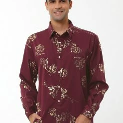 Allegra K Men's Gold Rose Floral Printed Shirts Slim Fit Long Sleeve Prom Party Shirt
