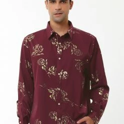Allegra K Men's Gold Rose Floral Printed Shirts Slim Fit Long Sleeve Prom Party Shirt