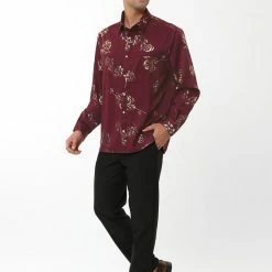 Allegra K Men's Gold Rose Floral Printed Shirts Slim Fit Long Sleeve Prom Party Shirt