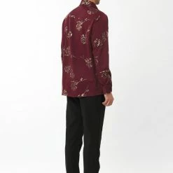 Allegra K Men's Gold Rose Floral Printed Shirts Slim Fit Long Sleeve Prom Party Shirt