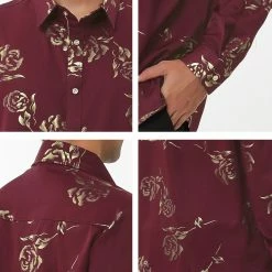 Allegra K Men's Gold Rose Floral Printed Shirts Slim Fit Long Sleeve Prom Party Shirt