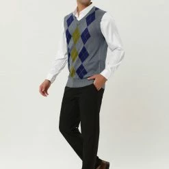 Allegra K Men's Casual Argyle Vest Sweater V Neck Slim Fit Sleeveless Knit Pullover 37 Allegra K Men's Casual Argyle Vest Sweater V Neck Slim Fit Sleeveless Knit Pullover