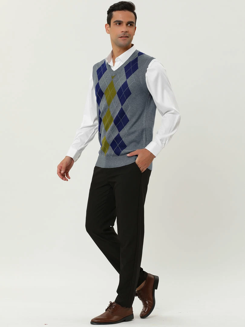 Allegra K Men's Casual Argyle Vest Sweater V Neck Slim Fit Sleeveless Knit Pullover 13 Allegra K Men's Casual Argyle Vest Sweater V Neck Slim Fit Sleeveless Knit Pullover