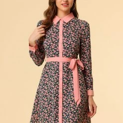 Allegra K Women's Contrast Collar Button Front Vintage Floral Long Sleeve Shirt Dress 17 Allegra K Women's Contrast Collar Button Front Vintage Floral Long Sleeve Shirt Dress