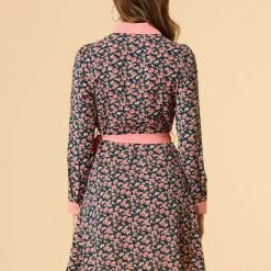 Allegra K Women's Contrast Collar Button Front Vintage Floral Long Sleeve Shirt Dress 19 Allegra K Women's Contrast Collar Button Front Vintage Floral Long Sleeve Shirt Dress