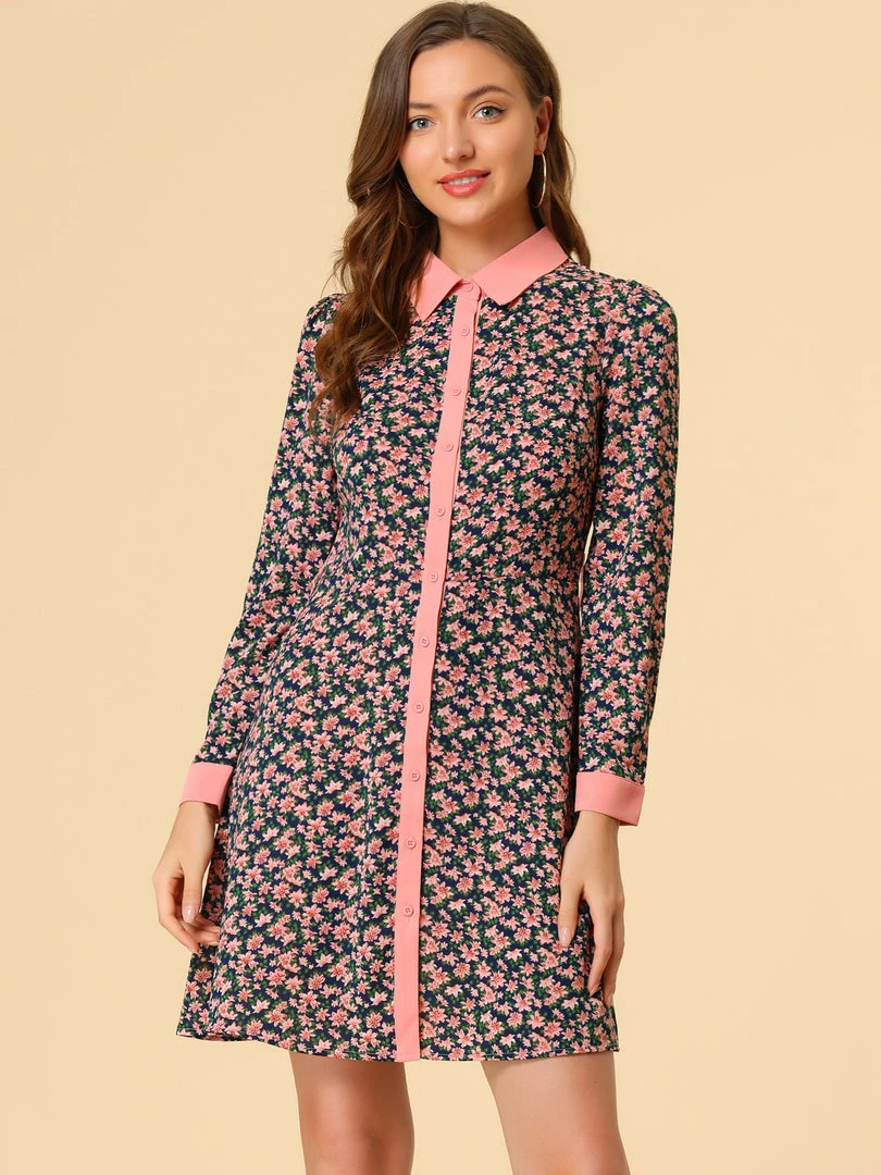 Allegra K Women's Contrast Collar Button Front Vintage Floral Long Sleeve Shirt Dress 8 Allegra K Women's Contrast Collar Button Front Vintage Floral Long Sleeve Shirt Dress