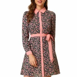 Allegra K Women's Contrast Collar Button Front Vintage Floral Long Sleeve Shirt Dress