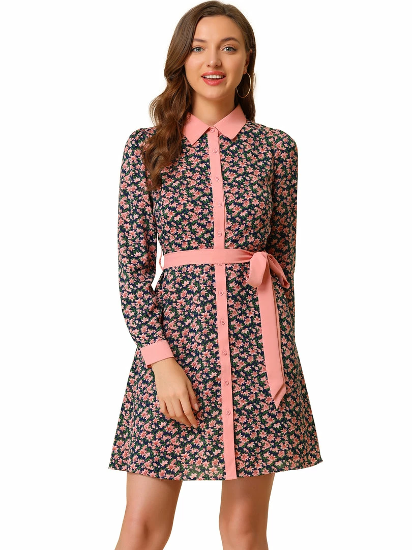 Allegra K Women's Contrast Collar Button Front Vintage Floral Long Sleeve Shirt Dress 4 Allegra K Women's Contrast Collar Button Front Vintage Floral Long Sleeve Shirt Dress