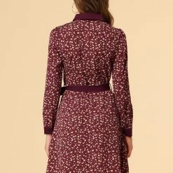 Allegra K Women's Contrast Collar Button Front Vintage Floral Long Sleeve Shirt Dress 25 Allegra K Women's Contrast Collar Button Front Vintage Floral Long Sleeve Shirt Dress