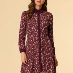 Allegra K Women's Contrast Collar Button Front Vintage Floral Long Sleeve Shirt Dress 26 Allegra K Women's Contrast Collar Button Front Vintage Floral Long Sleeve Shirt Dress