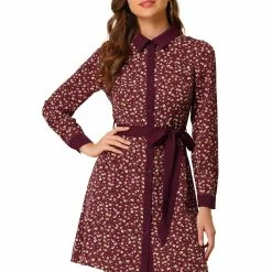 Allegra K Women's Contrast Collar Button Front Vintage Floral Long Sleeve Shirt Dress 22 Allegra K Women's Contrast Collar Button Front Vintage Floral Long Sleeve Shirt Dress