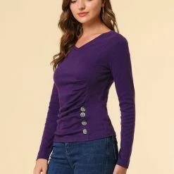 Allegra K Women's V Neck Long Sleeves Knit Casual Buttons Decor Ruched Top