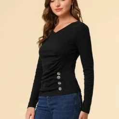 Allegra K Women's V Neck Long Sleeves Knit Casual Buttons Decor Ruched Top