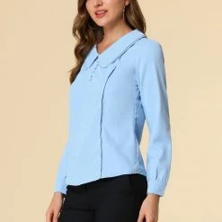 Allegra K Women's Peter Pan Collar With Crochet Trim Work Office Button Decor Chiffon Blouse
