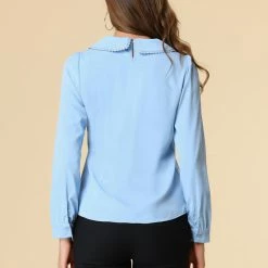 Allegra K Women's Peter Pan Collar With Crochet Trim Work Office Button Decor Chiffon Blouse