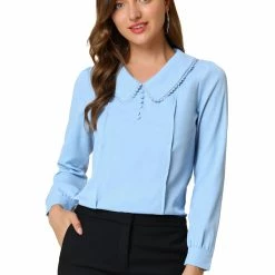 Allegra K Women's Peter Pan Collar With Crochet Trim Work Office Button Decor Chiffon Blouse