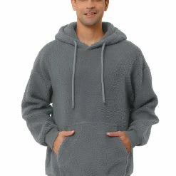 Allegra K Men's Fuzzy Sherpa Fleece Pullover Hoodie Long Sleeves Winter Hooded Sweatshirt Outwear With Pocket