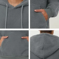 Allegra K Men's Fuzzy Sherpa Fleece Pullover Hoodie Long Sleeves Winter Hooded Sweatshirt Outwear With Pocket