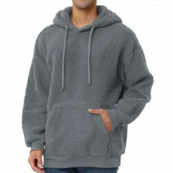 Allegra K Men's Fuzzy Sherpa Fleece Pullover Hoodie Long Sleeves Winter Hooded Sweatshirt Outwear With Pocket