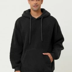 Allegra K Men's Fuzzy Sherpa Fleece Pullover Hoodie Long Sleeves Winter Hooded Sweatshirt Outwear With Pocket