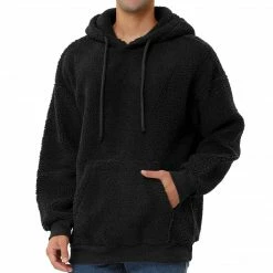 Allegra K Men's Fuzzy Sherpa Fleece Pullover Hoodie Long Sleeves Winter Hooded Sweatshirt Outwear With Pocket