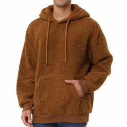 Allegra K Men's Fuzzy Sherpa Fleece Pullover Hoodie Long Sleeves Winter Hooded Sweatshirt Outwear With Pocket