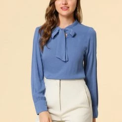 Allegra K Women's Bow Tie Neck Elegant Top Long Sleeve Solid Work Office Blouse