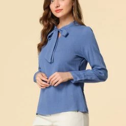 Allegra K Women's Bow Tie Neck Elegant Top Long Sleeve Solid Work Office Blouse