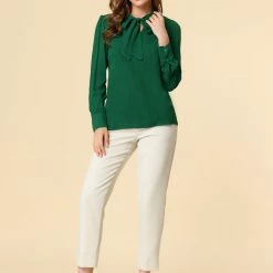 Allegra K Women's Bow Tie Neck Elegant Top Long Sleeve Solid Work Office Blouse