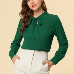 Allegra K Women's Bow Tie Neck Elegant Top Long Sleeve Solid Work Office Blouse