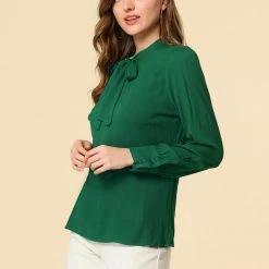 Allegra K Women's Bow Tie Neck Elegant Top Long Sleeve Solid Work Office Blouse
