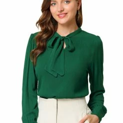 Allegra K Women's Bow Tie Neck Elegant Top Long Sleeve Solid Work Office Blouse