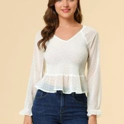 Allegra K Women's Smocked Peplum Crop Top V-Neck Chiffon Ruffle Swiss Dots Blouse